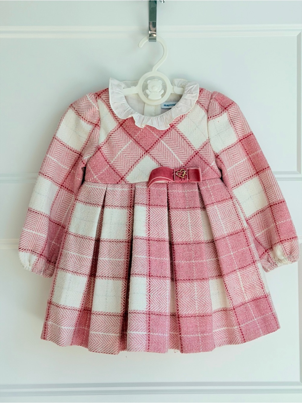 Mayoral Pink & White Plaid Pleated Dress with Velvet Bow